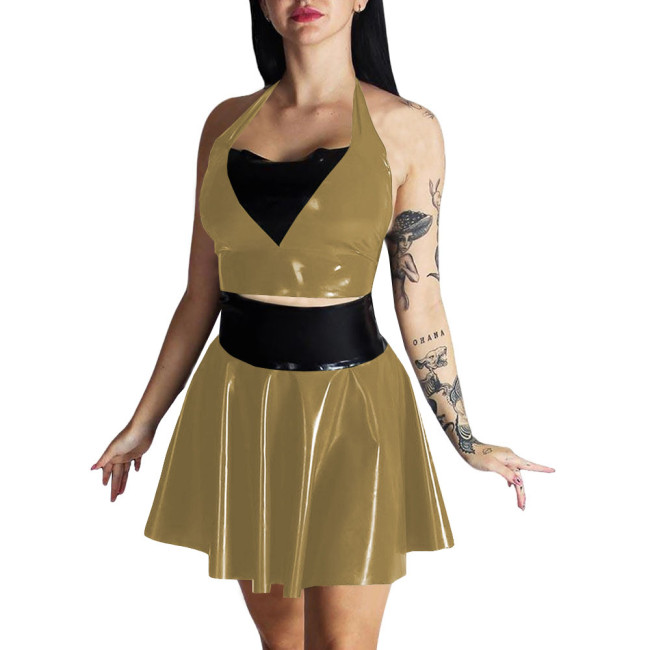 Plus Size Womens Wet Look Outfit Sexy Croped Top High Waist Mini A-line Skirts Suit Party Clubwear Dress PVC Leather Dress Sets