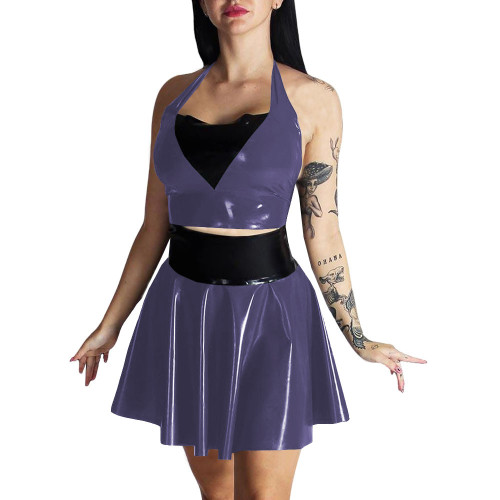 Plus Size Womens Wet Look Outfit Sexy Croped Top High Waist Mini A-line Skirts Suit Party Clubwear Dress PVC Leather Dress Sets