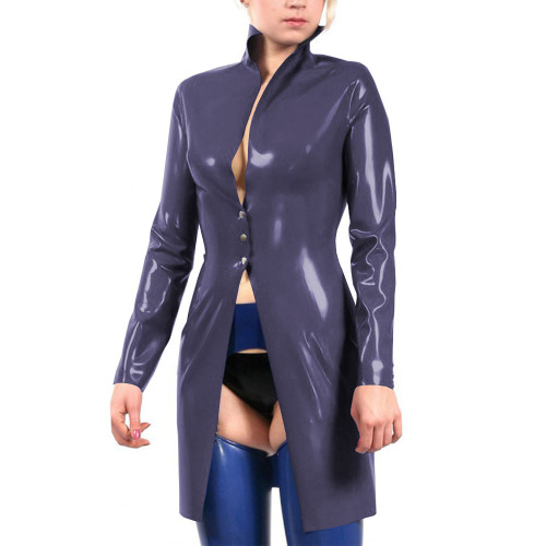 Stand Collar Vinyl Full Sleeve PVC Leather Long Jackets Latex Look Goth Button-up Trench Coat Plus Size Party Cosplay Outerwear