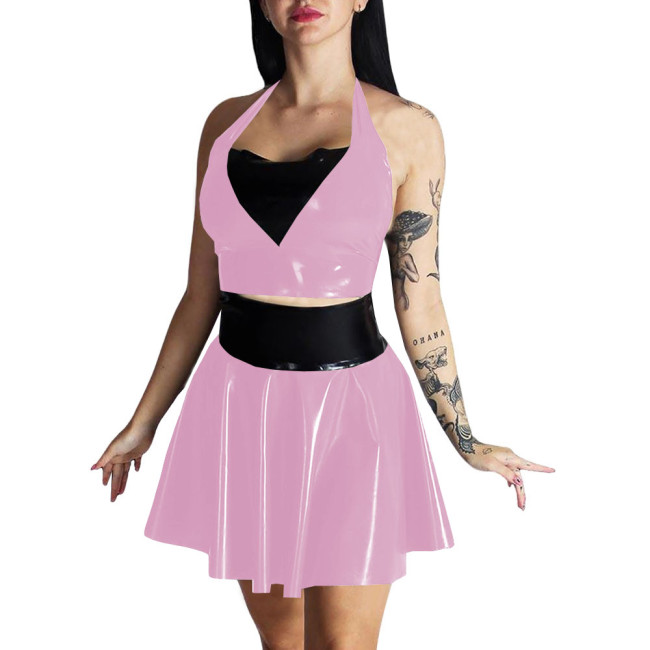 Plus Size Womens Wet Look Outfit Sexy Croped Top High Waist Mini A-line Skirts Suit Party Clubwear Dress PVC Leather Dress Sets
