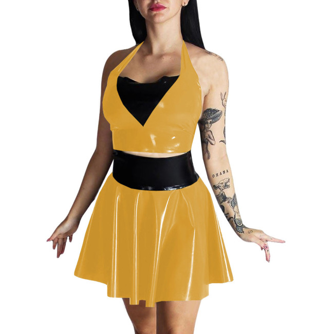 Plus Size Womens Wet Look Outfit Sexy Croped Top High Waist Mini A-line Skirts Suit Party Clubwear Dress PVC Leather Dress Sets