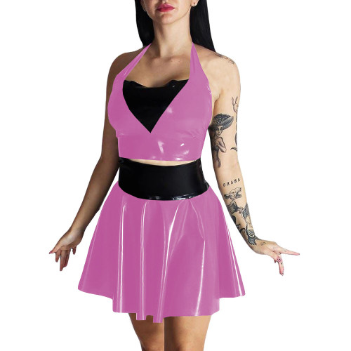 Plus Size Womens Wet Look Outfit Sexy Croped Top High Waist Mini A-line Skirts Suit Party Clubwear Dress PVC Leather Dress Sets