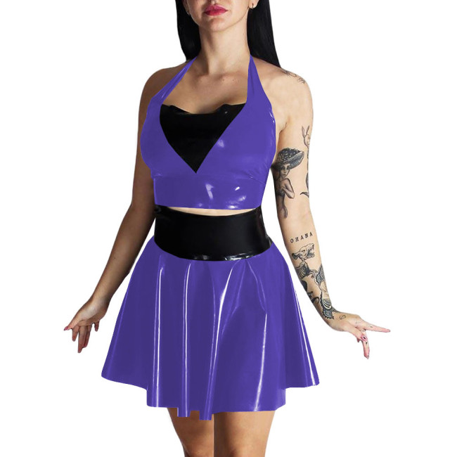 Plus Size Womens Wet Look Outfit Sexy Croped Top High Waist Mini A-line Skirts Suit Party Clubwear Dress PVC Leather Dress Sets