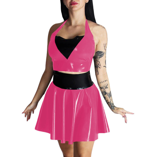 Plus Size Womens Wet Look Outfit Sexy Croped Top High Waist Mini A-line Skirts Suit Party Clubwear Dress PVC Leather Dress Sets