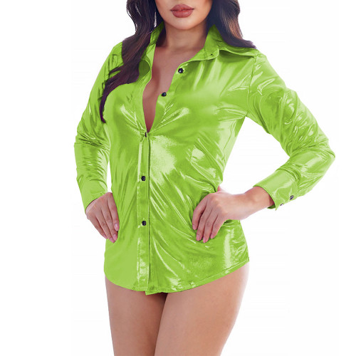 Shiny Polyester Party Shirts for Womens Liquid Metallic Solid Long Sleeve Turn Down Collar Prom Shirts Female Button-up Blouse