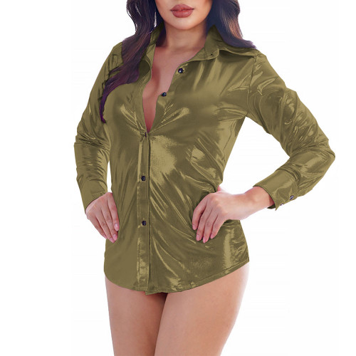 Shiny Polyester Party Shirts for Womens Liquid Metallic Solid Long Sleeve Turn Down Collar Prom Shirts Female Button-up Blouse