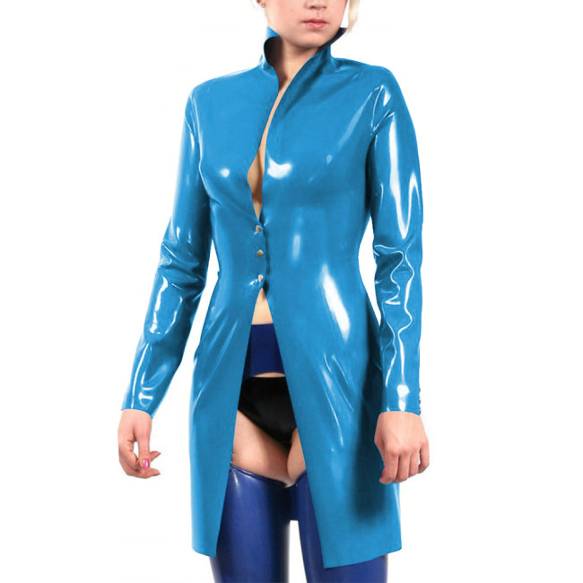 Stand Collar Vinyl Full Sleeve PVC Leather Long Jackets Latex Look Goth Button-up Trench Coat Plus Size Party Cosplay Outerwear