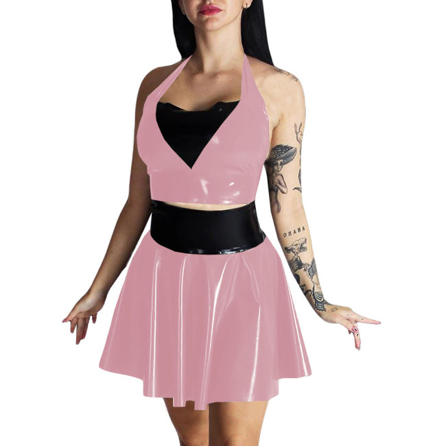Plus Size Womens Wet Look Outfit Sexy Croped Top High Waist Mini A-line Skirts Suit Party Clubwear Dress PVC Leather Dress Sets