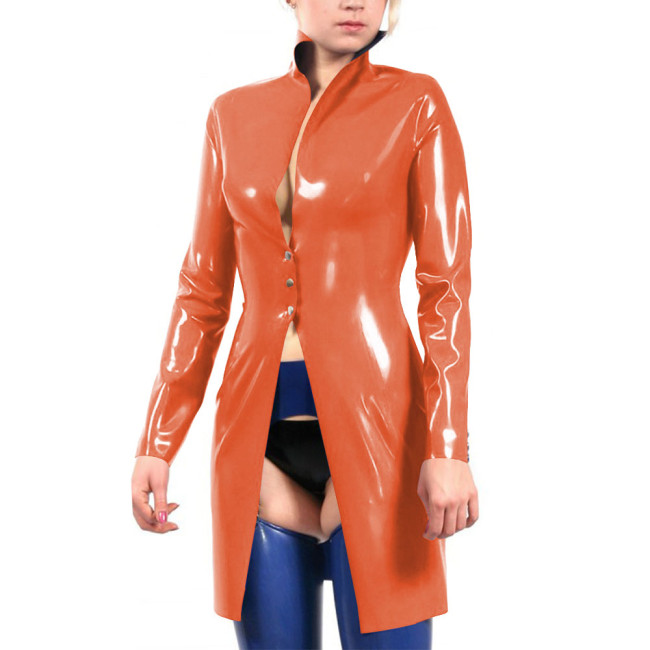 Stand Collar Vinyl Full Sleeve PVC Leather Long Jackets Latex Look Goth Button-up Trench Coat Plus Size Party Cosplay Outerwear