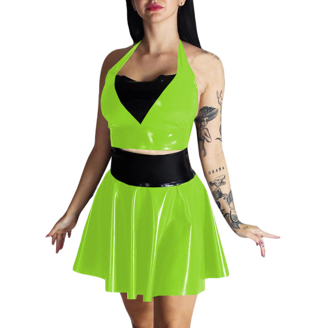 Plus Size Womens Wet Look Outfit Sexy Croped Top High Waist Mini A-line Skirts Suit Party Clubwear Dress PVC Leather Dress Sets
