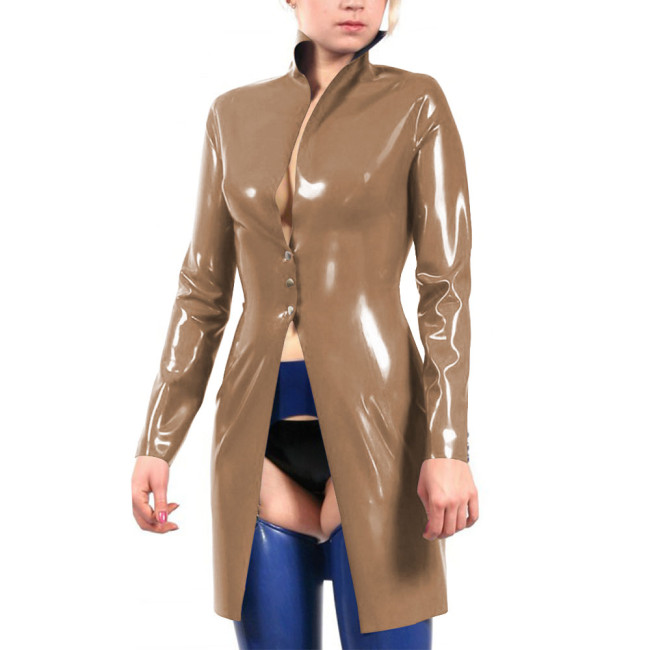 Stand Collar Vinyl Full Sleeve PVC Leather Long Jackets Latex Look Goth Button-up Trench Coat Plus Size Party Cosplay Outerwear