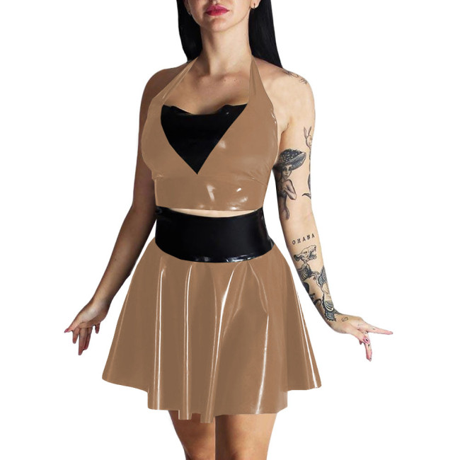Plus Size Womens Wet Look Outfit Sexy Croped Top High Waist Mini A-line Skirts Suit Party Clubwear Dress PVC Leather Dress Sets