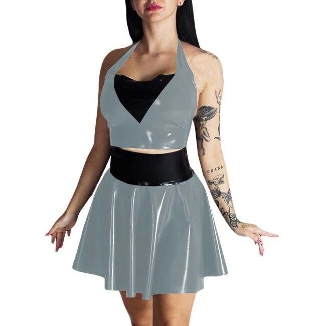 Plus Size Womens Wet Look Outfit Sexy Croped Top High Waist Mini A-line Skirts Suit Party Clubwear Dress PVC Leather Dress Sets