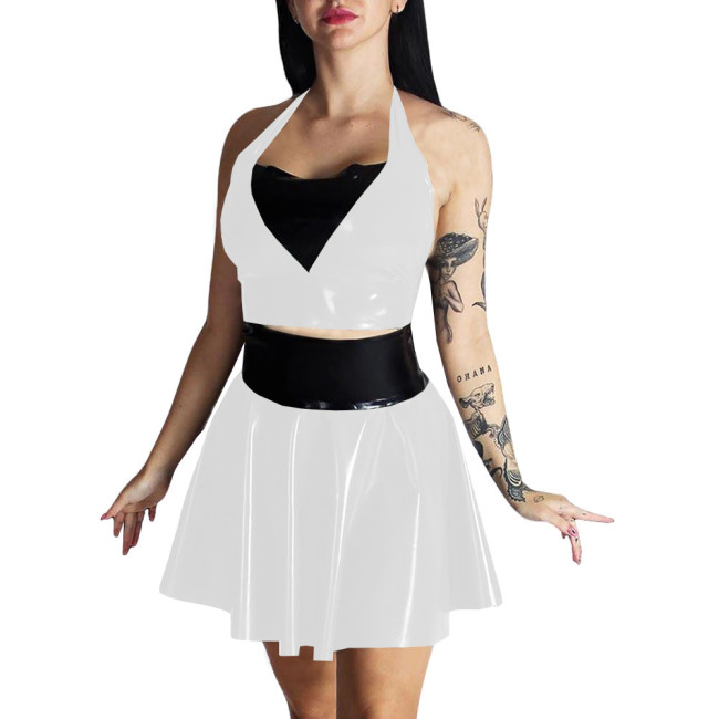 Plus Size Womens Wet Look Outfit Sexy Croped Top High Waist Mini A-line Skirts Suit Party Clubwear Dress PVC Leather Dress Sets