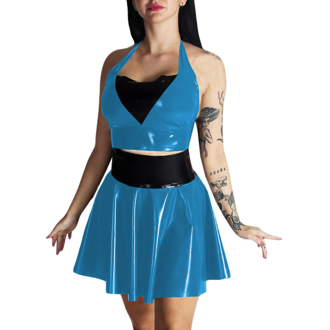 Plus Size Womens Wet Look Outfit Sexy Croped Top High Waist Mini A-line Skirts Suit Party Clubwear Dress PVC Leather Dress Sets