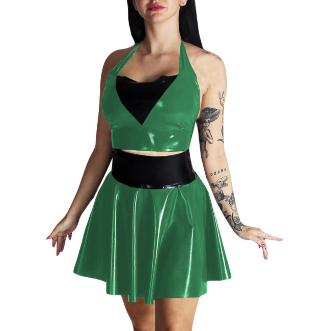 Plus Size Womens Wet Look Outfit Sexy Croped Top High Waist Mini A-line Skirts Suit Party Clubwear Dress PVC Leather Dress Sets
