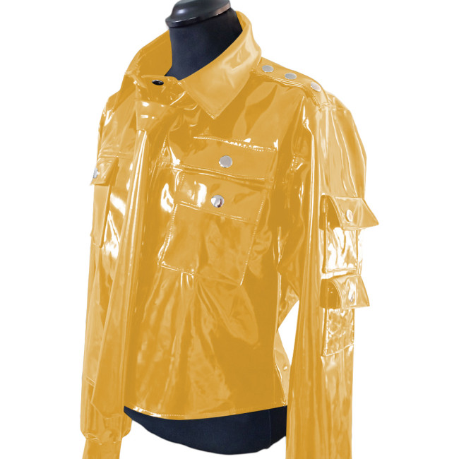 Men's Retro Fashion Jacket with Tie Vinyl PVC Leather Multi Pocket Jacket Coats Steampunk Motorcycle Solid Color Coat Clubwear