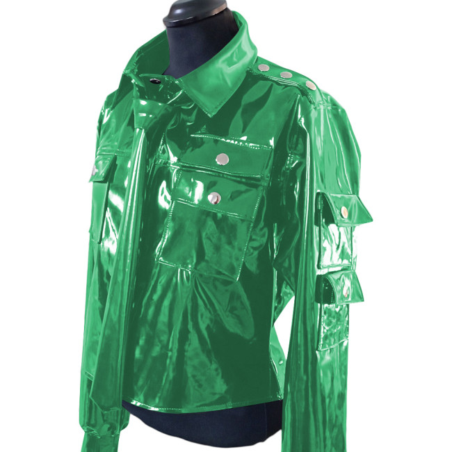 Men's Retro Fashion Jacket with Tie Vinyl PVC Leather Multi Pocket Jacket Coats Steampunk Motorcycle Solid Color Coat Clubwear
