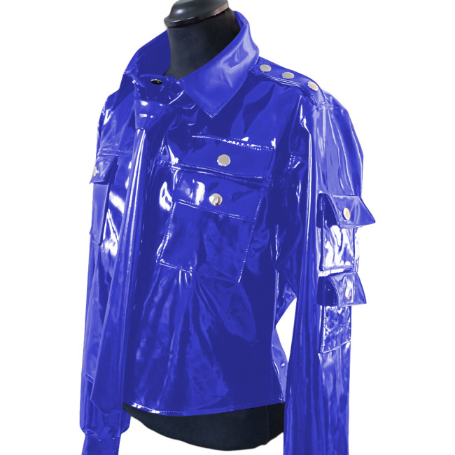 Men's Retro Fashion Jacket with Tie Vinyl PVC Leather Multi Pocket Jacket Coats Steampunk Motorcycle Solid Color Coat Clubwear