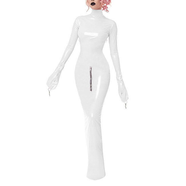 Wetlook Bodycon Long Hobble Dress Full Sleeve Bondage Turtleneck PVC Leather Dresses Crossdresser Sexy Ankle-length Pencil Dress
