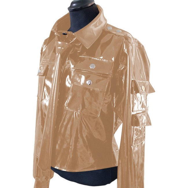Men's Retro Fashion Jacket with Tie Vinyl PVC Leather Multi Pocket Jacket Coats Steampunk Motorcycle Solid Color Coat Clubwear