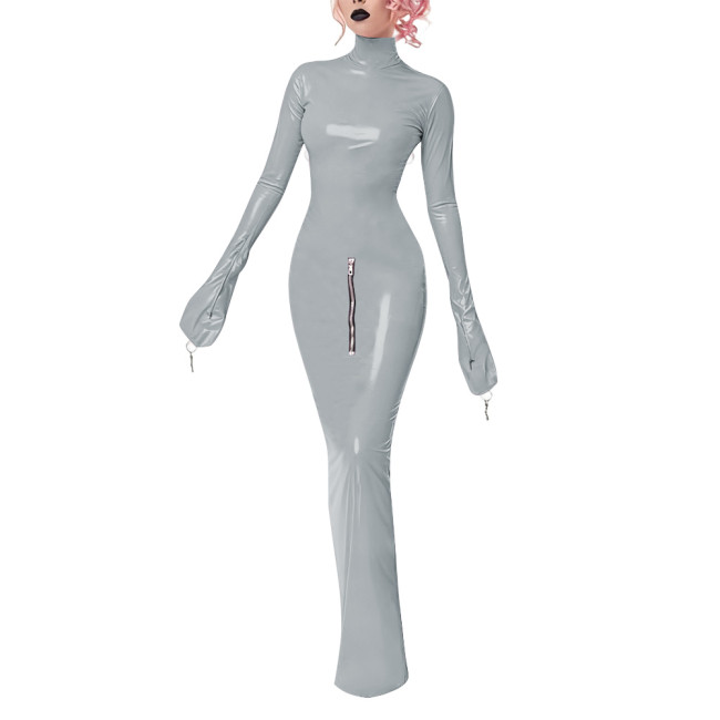 Wetlook Bodycon Long Hobble Dress Full Sleeve Bondage Turtleneck PVC Leather Dresses Crossdresser Sexy Ankle-length Pencil Dress