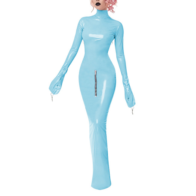 Wetlook Bodycon Long Hobble Dress Full Sleeve Bondage Turtleneck PVC Leather Dresses Crossdresser Sexy Ankle-length Pencil Dress