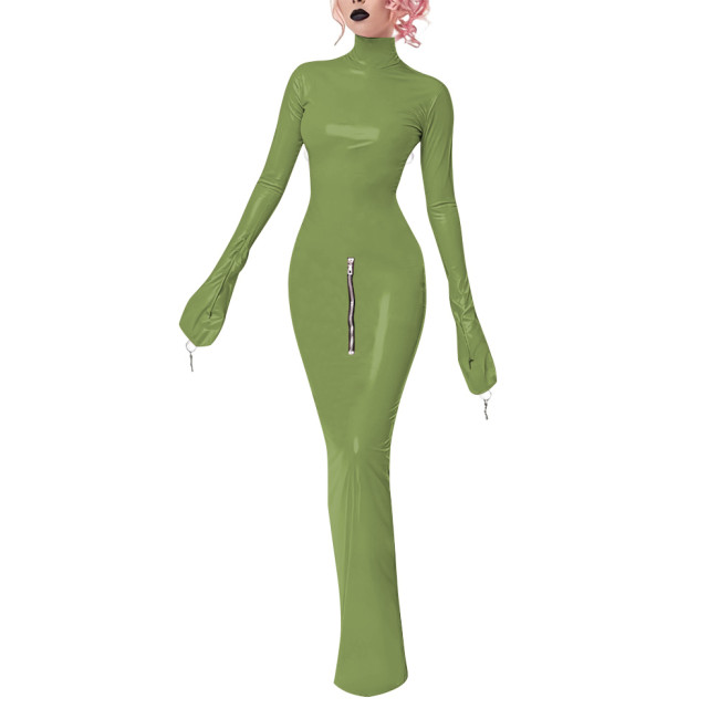 Wetlook Bodycon Long Hobble Dress Full Sleeve Bondage Turtleneck PVC Leather Dresses Crossdresser Sexy Ankle-length Pencil Dress