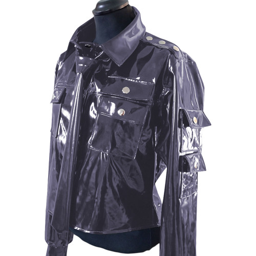 Men's Retro Fashion Jacket with Tie Vinyl PVC Leather Multi Pocket Jacket Coats Steampunk Motorcycle Solid Color Coat Clubwear