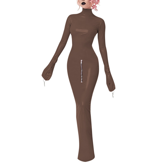 Wetlook Bodycon Long Hobble Dress Full Sleeve Bondage Turtleneck PVC Leather Dresses Crossdresser Sexy Ankle-length Pencil Dress