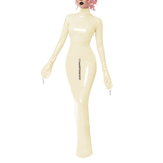 Wetlook Bodycon Long Hobble Dress Full Sleeve Bondage Turtleneck PVC Leather Dresses Crossdresser Sexy Ankle-length Pencil Dress