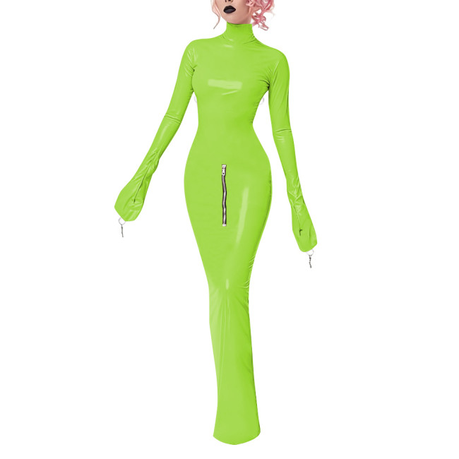 Wetlook Bodycon Long Hobble Dress Full Sleeve Bondage Turtleneck PVC Leather Dresses Crossdresser Sexy Ankle-length Pencil Dress