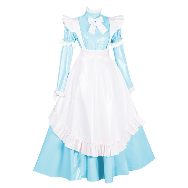 Lolita PVC French Maid Party Dresses Sissy Ruffles Long Sleeve Bow Maxi Dress Carnival Party Masquerade Cosplay Maid Uniforms