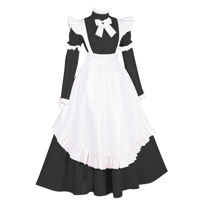 Lolita PVC French Maid Party Dresses Sissy Ruffles Long Sleeve Bow Maxi Dress Carnival Party Masquerade Cosplay Maid Uniforms