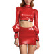 Sexy Women Wet Look PU Leather Dress Sets Shiny Club Short Skirts Outfit Long Sleeve Cropped Top Mini Skirt with Garter Belt 7XL