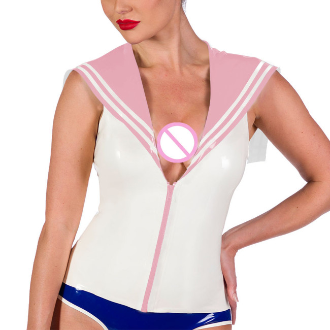 Fashion Sailor Collar Sleeveless T-shirts Women Vintage PVC Shiny Leather Striped Slim Tops Sexy Vinyl Backless Zipper Blouses