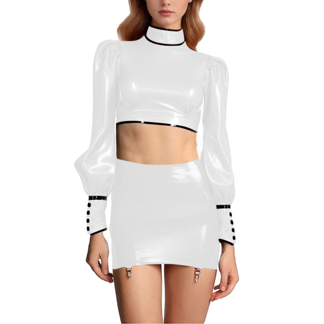 Sexy Women Wet Look PU Leather Dress Sets Shiny Club Short Skirts Outfit Long Sleeve Cropped Top Mini Skirt with Garter Belt 7XL