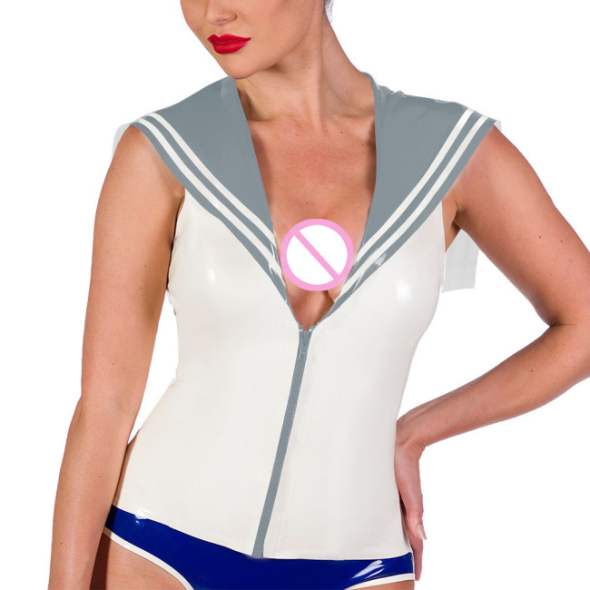 Fashion Sailor Collar Sleeveless T-shirts Women Vintage PVC Shiny Leather Striped Slim Tops Sexy Vinyl Backless Zipper Blouses