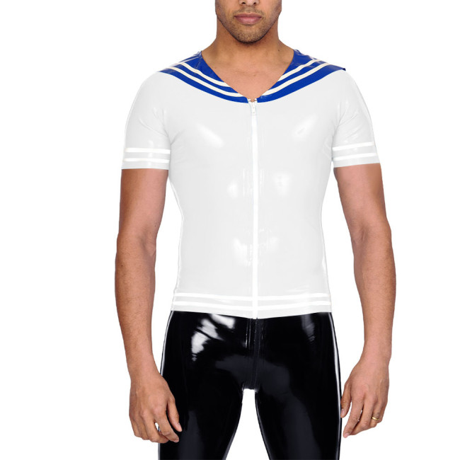 Vinyl Leather PVC Mens T Shirt Patchwork Short Sleeve Navy Collar Male Tee Tops Zipper Front Cosplay Blouses Wet Look Clubwear
