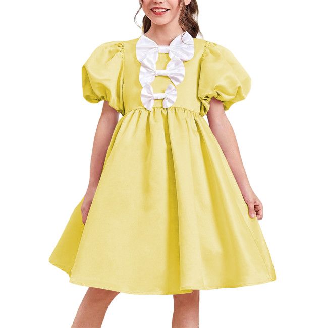 Women Satin Sweet Party Short Dresses Elegant Chic Bow Short Puff Sleeve High Waist A-Line Dress Cosplay Princess Prom Dress