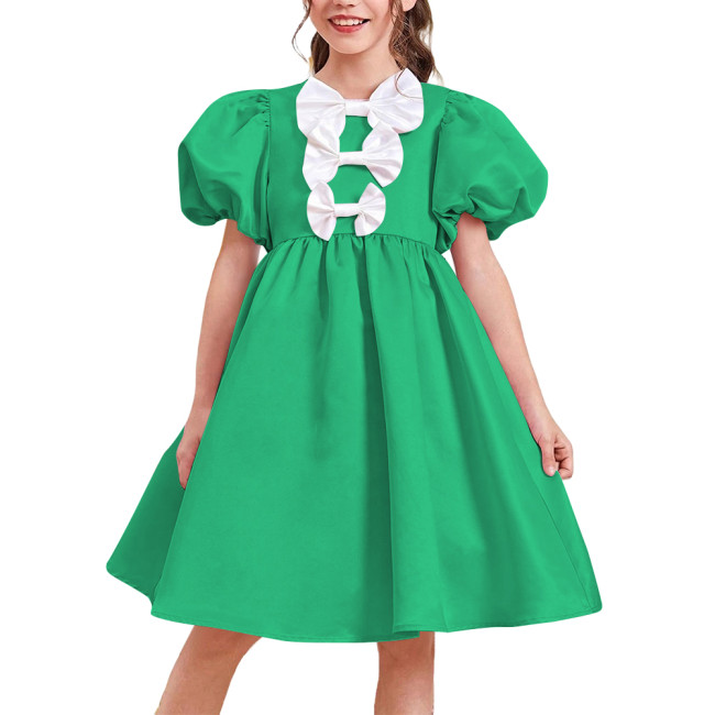 Women Satin Sweet Party Short Dresses Elegant Chic Bow Short Puff Sleeve High Waist A-Line Dress Cosplay Princess Prom Dress