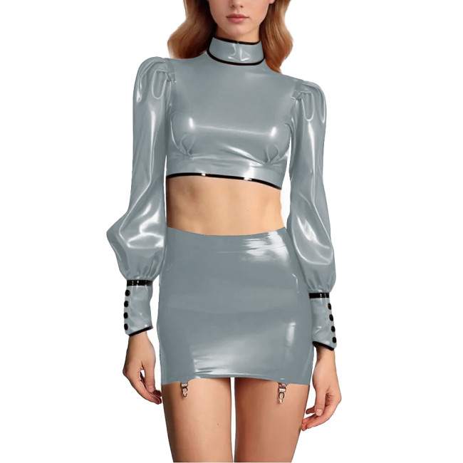 Sexy Women Wet Look PU Leather Dress Sets Shiny Club Short Skirts Outfit Long Sleeve Cropped Top Mini Skirt with Garter Belt 7XL