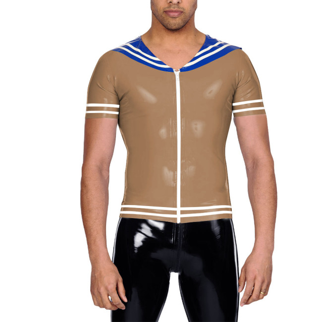Vinyl Leather PVC Mens T Shirt Patchwork Short Sleeve Navy Collar Male Tee Tops Zipper Front Cosplay Blouses Wet Look Clubwear