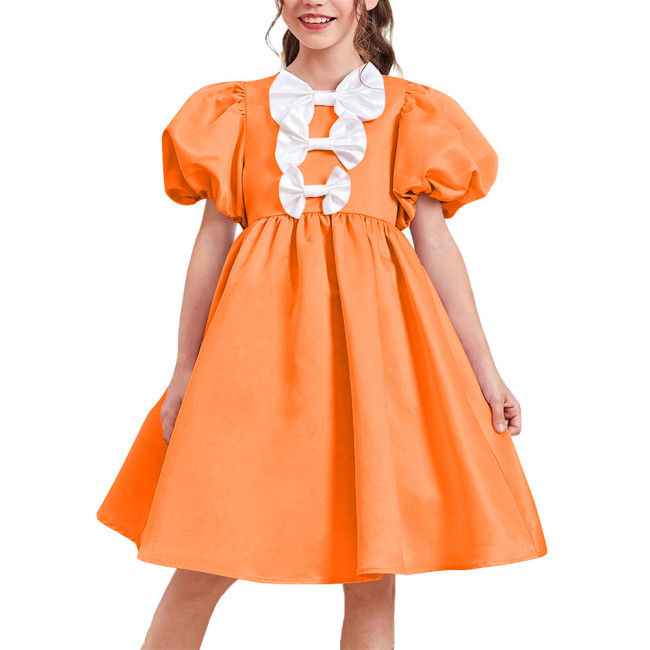 Women Satin Sweet Party Short Dresses Elegant Chic Bow Short Puff Sleeve High Waist A-Line Dress Cosplay Princess Prom Dress