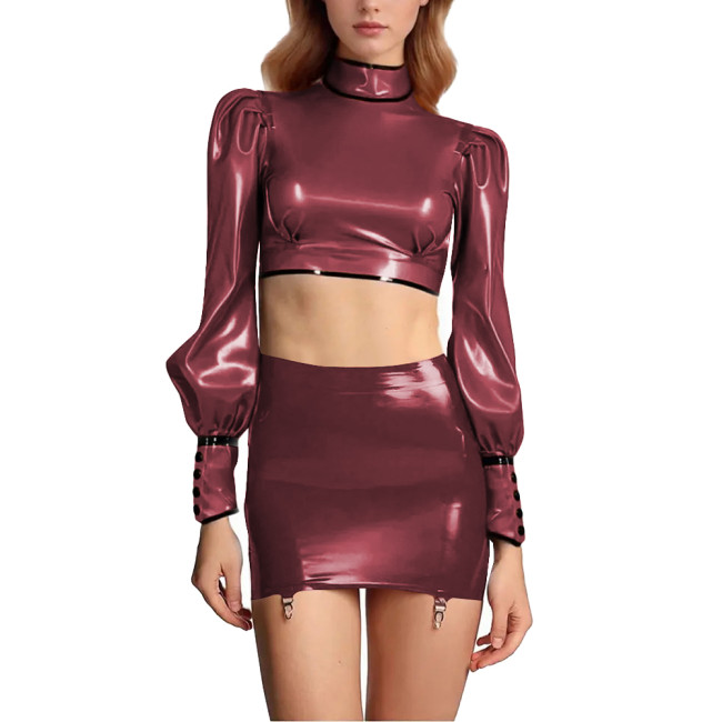 Sexy Women Wet Look PU Leather Dress Sets Shiny Club Short Skirts Outfit Long Sleeve Cropped Top Mini Skirt with Garter Belt 7XL