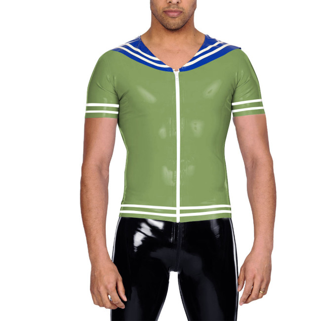 Vinyl Leather PVC Mens T Shirt Patchwork Short Sleeve Navy Collar Male Tee Tops Zipper Front Cosplay Blouses Wet Look Clubwear