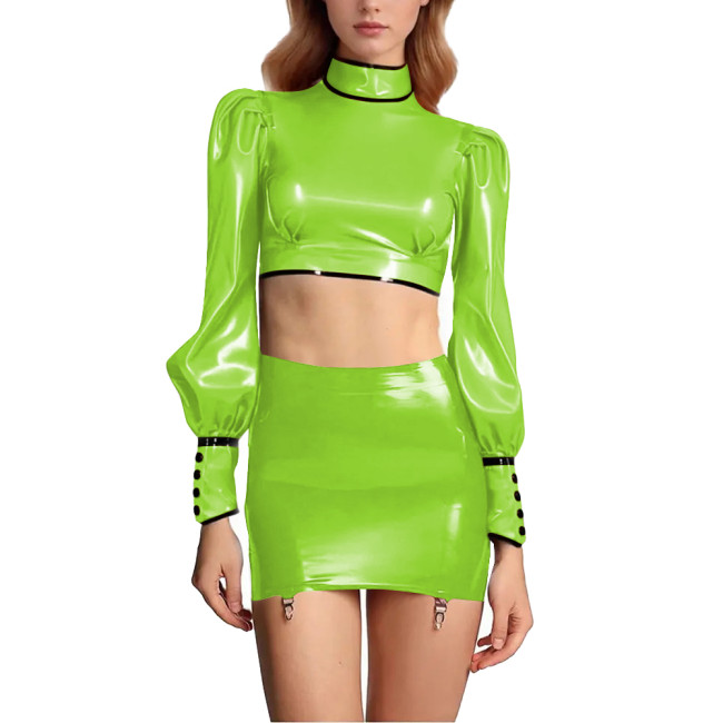 Sexy Women Wet Look PU Leather Dress Sets Shiny Club Short Skirts Outfit Long Sleeve Cropped Top Mini Skirt with Garter Belt 7XL