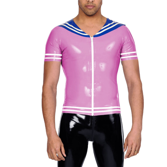 Vinyl Leather PVC Mens T Shirt Patchwork Short Sleeve Navy Collar Male Tee Tops Zipper Front Cosplay Blouses Wet Look Clubwear