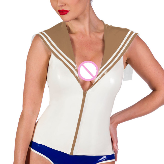 Fashion Sailor Collar Sleeveless T-shirts Women Vintage PVC Shiny Leather Striped Slim Tops Sexy Vinyl Backless Zipper Blouses