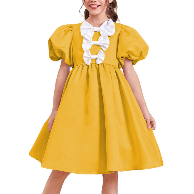 Women Satin Sweet Party Short Dresses Elegant Chic Bow Short Puff Sleeve High Waist A-Line Dress Cosplay Princess Prom Dress